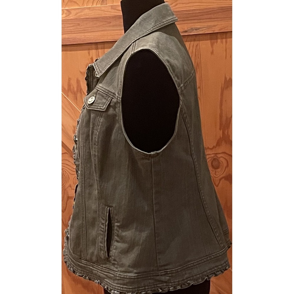 Christopher & Banks Womens Large Olive‎ Green Stretch Denim Vest Ruffle Trim - Picture 2 of 10